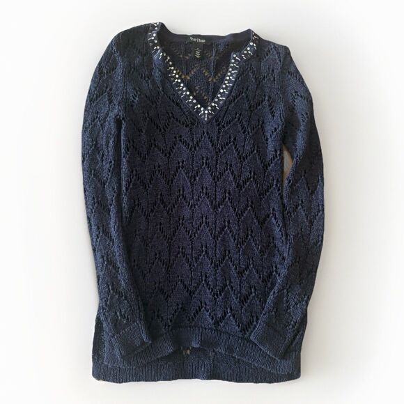WHBM Navy Blue Jeweled Open Knit V Neck Pullover Sweater Small - Picture 1 of 9